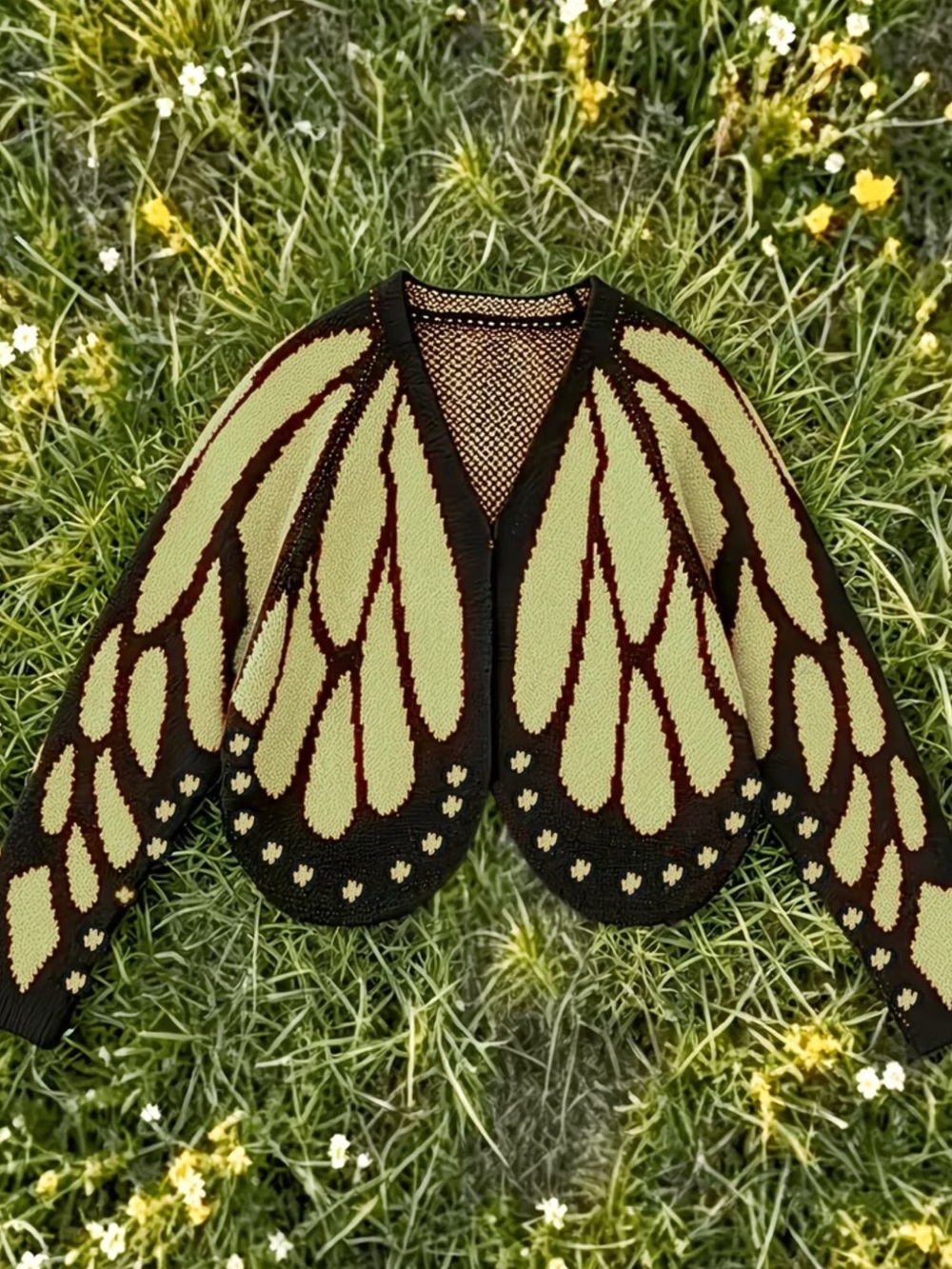 Light Yellow and Black Butterfly-Pattern Knit Cardigan - Women Sweaters